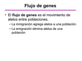 Flujo de genes
• El flujo de genes es el movimiento de
  alelos entre poblaciones.
  – La inmigración agrega alelos a una población.
  – La emigración elimina alelos de una
    población.
 