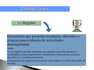 Definiciones

          3.7.6   Registro


Documento que presenta resultados obtenidos o
proporciona evidencia de actividades
desempeñadas
Notas:
1) Los registros pueden utilizarse, por ejemplo, para documentar la
trazabilidad y para proporcionar evidencia de verificaciones, acciones
preventivas, y acciones correctivas.
2) En general los registros no necesitan estar sujetos al control del estado de
revisión.
                                                                         53
 