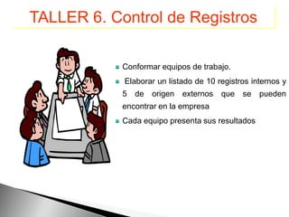 TALLER 6. Control de Registros

            Conformar equipos de trabajo.
            Elaborar un listado de 10 registros internos y
            5   de   origen   externos   que   se   pueden
            encontrar en la empresa
            Cada equipo presenta sus resultados
 