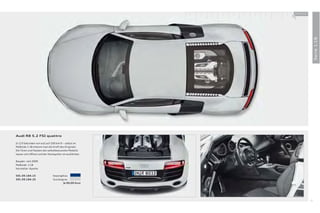 100 % Audi
                                                         +




                                                                           Serie 1:18
Audi R8 5.2 FSI quattro

In 3,9 Sekunden von null auf 100 km/h – selbst im
Maßstab 1:18 erkennt man die Kraft des Originals:
Die Türen und Hauben des selbstbewussten Modells
lassen sich öﬀ nen und der Heckspoiler ist ausfahrbar.

Baujahr: seit 2009
Maßstab: 1:18
Hersteller: Kyosho

501.09.184.15                  Sepangblau
501.09.184.25                  Suzukagrau
                                      Je 69,00 Euro




                                                                      21
 