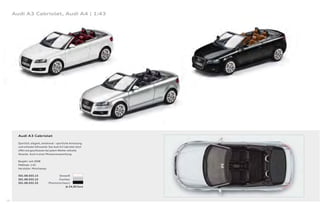 Audi A3 Cabriolet, Audi A4 | 1:43




       Audi A3 Cabriolet

       Sportlich, elegant, emotional – sportliche Anmutung
       und schlanke Silhouette: Das Audi A3 Cabriolet setzt
       oﬀ en wie geschlossen bei jedem Wetter stilvolle
       Akzente. Auch in einer Miniaturensammlung.

       Baujahr: seit 2008
       Maßstab: 1:43
       Hersteller: Minichamps

       501.08.033.13                   Ibisweiß
       501.08.033.23                   Eissilber
       501.08.033.33            Phantomschwarz
                                             Je 24,00 Euro




28
 