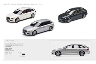 Audi A4 Avant, Audi A4 allroad quattro | 1:43




       Audi A4 Avant

       Sportlich, elegant, aufregend – der Avant macht vor,
       was ein moderner Kombi heute leisten kann. Auch
       als Miniatur zeigt er auf Anhieb sein innovatives
       Gesamtkonzept.

       Baujahr: seit 2008
       Maßstab: 1:43
       Hersteller: Minichamps

       501.08.042.13                   Ibisweiß
       501.08.042.23                   Eissilber
       501.08.042.33                 Meteorgrau
                                             Je 24,00 Euro




30
 