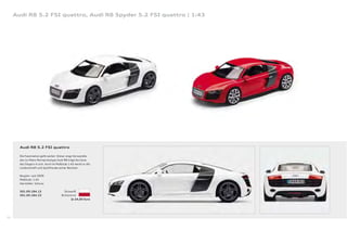 Audi R8 5.2 FSI quattro, Audi R8 Spyder 5.2 FSI quattro | 1:43




       Audi R8 5.2 FSI quattro

       Die Faszination geht weiter: Dieser enge Verwandte
       des Le-Mans-Rennprototyps Audi R8 trägt die Gene
       des Siegers in sich. Auch im Maßstab 1:43 weckt er die
       Leidenschaft und Spielfreude seiner Besitzer.

       Baujahr: seit 2009
       Maßstab: 1:43
       Hersteller: Schuco

       501.09.184.13                     Ibisweiß
       501.09.184.23                   Brillantrot
                                              Je 24,00 Euro




50
 