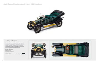Audi Typ A Phaeton, Audi Front 225 Roadster




       Audi Typ A Phaeton

       Für Liebhaber einer der attraktivsten Audi Klassiker.
       Produziert wurden lediglich 140 Stück des beeindru-
       ckenden 4-Zylinder-Viertakters (Reihenbauweise).
       Die vielteilige Miniatur im Maßstab 1:43 erinnert an
       die erste große Audi Legende anno 1910.

       Baujahr: 1910 – 1912
       Maßstab: 1:43
       Hersteller: Minichamps

       503.09.009.03                  Dunkelgrün
                                               49,00 Euro




74
 