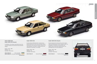 100 % Audi
                                                                                                                                                                  +




                                                                                                                                                                                    Klassiker
Audi 100 (C2)                                        Audi 100 (C3)                                         Audi 100 (C3) Avant
Audi 100 (C2) Avant
                                                     Zu seiner Zeit ein Weltrekordler: In Sachen Aero-     Das Sammelstück für alle Avant Fans: Seine vollver-
Im Maßstab 1:43 erlauben viele Details einen inte-   dynamik deﬁnierte er einen neuen Standard. Bei der    zinkte Leichtbaukarosse und der niedrige cW-Wert von
ressanten Ausﬂ ug in die Geschichte des Automobil-   Konstruktion seiner Karosserie kamen weltweit erst-   0,30 galten in den 80ern als revolutionär. Das
designs.                                             mals Computer zum Einsatz – die Pläne waren auch      Modell macht auf besondere Weise deutlich, wie
                                                     Vorbild für ein perfektes 1:43-Modell.                großzügig dieses Fahrzeug angelegt ist.
Baujahr: 1976 – 1982
Maßstab: 1:43                                        Baujahr: 1982 – 1991                                  Baujahr: 1983 – 1991
Hersteller: Minichamps                               Maßstab: 1:43                                         Maßstab: 1:43
                                                     Hersteller: Minichamps                                Hersteller: Minichamps
503.07.003.03         (C2), Inarisilber
503.07.004.03 (C2) Avant, Dakotabeige                503.07.001.03            Sienarot Metallic            503.07.002.03            Panthero Metallic
                                    Je 36,00 Euro                                             36,00 Euro                                            36,00 Euro




                                                                                                                                                                               83
 