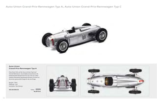Auto Union Grand-Prix-Rennwagen Typ A, Auto Union Grand-Prix-Rennwagen Typ C




       Auto Union
       Grand-Prix-Rennwagen Typ A

       Hans Stuck fuhr auf der Avus mit dem Typ A auf
       Anhieb Weltrekord. Anschließend entschied er die
       bedeutendsten Bergrennen für sich. Die aus vielen
       exakten Kleinteilen gearbeitete Miniatur erinnert an
       die ersten glanzvollen Siege für die vier Ringe.

       Baujahr: 1934
       Maßstab: 1:43
       Hersteller: Minichamps

       503.09.008.03                        Silber
                                                 36,00 Euro




88
 