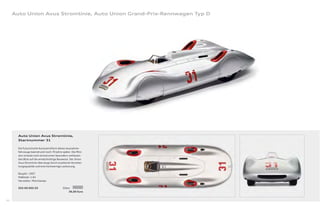 Auto Union Avus Stromlinie, Auto Union Grand-Prix-Rennwagen Typ D




       Auto Union Avus Stromlinie,
       Startnummer 31

       Die futuristische Karosserieform dieses Ausnahme-
       fahrzeugs beeindruckt noch 70 Jahre später. Die Mini-
       atur erlaubt noch einmal einen besonders umfassen-
       den Blick auf die windschnittige Bauweise. Der Union
       Avus Stromlinie überzeugt durch exzellente Verarbei-
       tungsqualität und eine hochwertige Lackierung.

       Baujahr: 1937
       Maßstab: 1:43
       Hersteller: Minichamps

       503.09.005.03                       Silber
                                                36,00 Euro


90
 