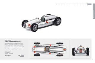 100 % Audi
                                                       +




                                                                         Motorsport
Auto Union
Grand-Prix-Rennwagen Typ D

Die Grundkonzeption des Typ-D-Rennwagens orien-
tierte sich an dem erfolgreichen Vorgängermodell Typ
C. Der Typ D präsentierte sich den Motorsportfreun-
den mit 12-Zylinder-Kompressormotor und bis zu 420
PS. Das ﬁligrane Modell zeigt das Siegerfahrzeug von
T. Nuvolari in beeindruckender Detailtreue.

Baujahr: 1938
Maßstab: 1:43
Hersteller: Minichamps

503.09.007.03                      Silber
                                        36,00 Euro


                                                                    91
 