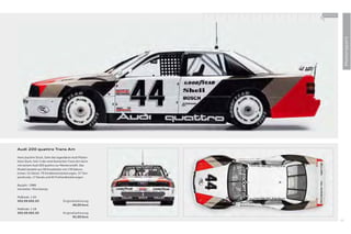 100 % Audi
                                                        +




                                                                          Motorsport
Audi 200 quattro Trans Am

Hans-Joachim Stuck, Sohn des legendären Audi Piloten
Hans Stuck, fuhr in der amerikanischen Trans-Am-Serie
mit seinem Audi 200 quattro zur Meisterschaft. Das
Modell besteht aus 58 Einzelteilen mit 178 Dekora-
tionen. Im Detail: 79 Schablonenlackierungen, 37 Tam-
pondrucke, 17 Decals und 45 Freihandlackierungen.

Baujahr: 1988
Hersteller: Minichamps

Maßstab: 1:43
503.09.002.03                     Originallackierung
                                         40,00 Euro
Maßstab: 1:18
503.09.002.05                     Originallackierung
                                         92,00 Euro
                                                                     95
 