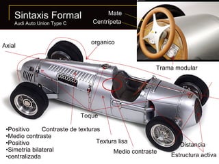 Sintaxis Formal Audi Auto Union Type C Axial Distancia Contraste de texturas Toque Estructura activa Textura lisa Medio contraste Mate Centrípeta Trama modular Positivo Medio contraste Positivo Simetría bilateral centralizada organico 