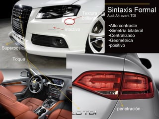 Sintaxis Formal Audi A4 avant TDI Toque penetración Superposición inactiva Textura lisa brillante Alto contraste Simetría bilateral Centralizado Geométrica positivo 