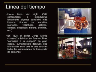 Línea del tiempo Hacia fines del siglo XVIII comenzaron a introducirse lentamente algunos carruajes más livianos tirados por caballos (carrozas, volantines, galeras, calesas, sopandas, tílburis, berlinas, etc.). En 1821 el señor Jorge Morris comenzó a fabricar en Buenos Aires “carruajes a la europea” en gran escala, sumándosele después dos fabricantes más con lo que cubrían todas las necesidades de transporte de personas. 