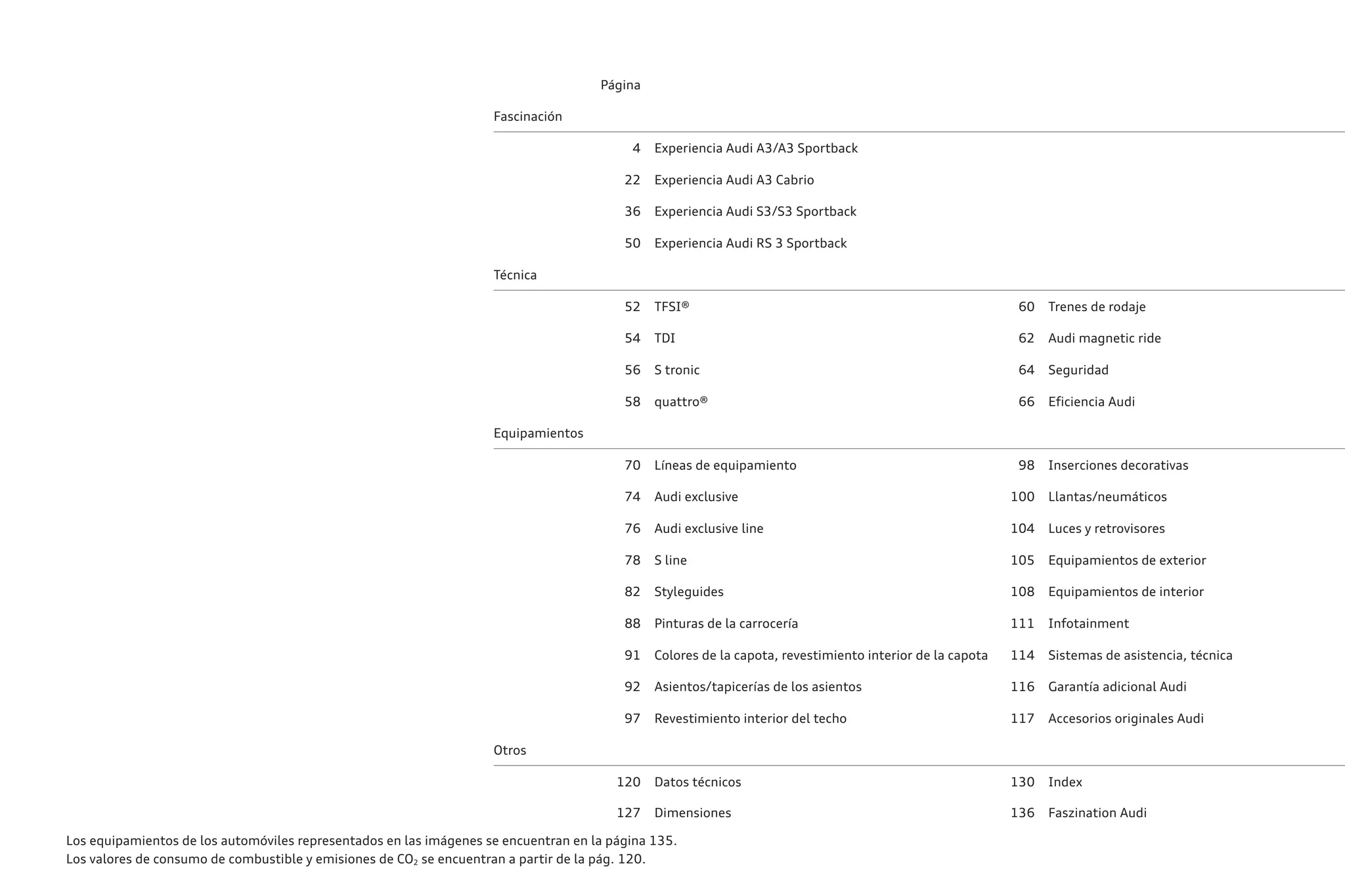 Página
Fascinación
4 Experiencia Audi A3/A3 Sportback
22 Experiencia Audi A3 Cabrio
36 Experiencia Audi S3/S3 Sportback
50 Experiencia Audi RS 3 Sportback
Técnica
52 TFSI® 60 Trenes de rodaje
54 TDI 62 Audi magnetic ride
56 S tronic 64 Seguridad
58 quattro® 66 Eficiencia Audi
Equipamientos
70 Líneas de equipamiento 98 Inserciones decorativas
74 Audi exclusive 100 Llantas/neumáticos
76 Audi exclusive line 104 Luces y retrovisores
78 S line 105 Equipamientos de exterior
82 Styleguides 108 Equipamientos de interior
88 Pinturas de la carrocería 111 Infotainment
91 Colores de la capota, revestimiento interior de la capota 114 Sistemas de asistencia, técnica
92 Asientos/tapicerías de los asientos 116 Garantía adicional Audi
97 Revestimiento interior del techo 117 Accesorios originales Audi
Otros
120 Datos técnicos 130 Index
127 Dimensiones 136 Faszination Audi
Los equipamientos de los automóviles representados en las imágenes se encuentran en la página 135.
Los valores de consumo de combustible y emisiones de CO2 se encuentran a partir de la pág. 120.
 