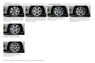 100
Encontrará las especificaciones sobre que equipamientos son de serie u opcionales en el índice de la página 130.
Llantas/neumáticos
Llantas de aleación en diseño de 6 radios,
tamaño 6,5 J x 16 con neumáticos 205/55 R 16.
Llantas de aleación en diseño de 7 brazos,
tamaño 6,5 J x 16 con neumáticos 205/55 R 16.
(No disponibles en España).
Llantas de aleación en diseño de 7 brazos “Parábola”,
tamaño 6 J x 15 con neumáticos que ahorran carburante
195/65 R 15 con resistencia al rodamiento mejorada.
(De serie en el TDI e)
Llantas de aleación en diseño de 7 radios,
tamaño 6,5 J x 16 con neumáticos 205/55 R 16.
(De serie en Attraction).
Llantas/neumáticos A3/A3 Sportback Llantas/neumáticos A3 Cabrio
Llantas de invierno de aleación en diseño de 6 radios,
tamaño 6,5 J x 16 con neumáticos 205/55 R 16, no ap-
tas para cadenas, velocidad máxima tolerable 210 km/h.
(No disponibles en España).
Llantas de invierno de aleación en diseño de 7 radios,
tamaño 6,5 J x 16 con neumáticos 205/55 R 16, no ap-
tas para cadenas, velocidad máxima tolerable 210 km/h.
(No disponible en España).
 