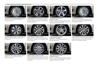 Llantas de aleación en diseño de 16 radios,
antracita, parcialmente pulidas, tamaño 7,5 J x 17 con
neumáticos 225/45 R 17. (Como opción con neumáticos
con propiedades de rodadura de emergencia). (De serie
en Ambiente).
Llantas de aleación en diseño de 5 brazos “Dinámica”,
antracita, tamaño 7,5 J x 17 con neumáticos 225/45
R 17. (Como opción con neumáticos con propiedades de
rodadura de emergencia).
Llantas de aleación en diseño de 5 brazos “Cinética”,
tamaño 7,5 J x 17 con neumáticos 225/45 R 17.
(De serie en Ambition).
Llantas de acero con tapacubos integrales incluidos,
tamaño 6,5 J x 16 con neumáticos 205/55 R 16.
(De serie en Attraction).
Llantas de aleación en diseño de 7 brazos “Parábola”,
tamaño 6,5 J x 16 con neumáticos 205/55 R 16.
(Paquete básico).
Llantas de aleación en diseño de 10 radios,
pulidas, tamaño 7,5 J x 17 con neumáticos 225/45 R 17.
(Como opción con neumáticos con propiedades de roda-
dura de emergencia).
Llantas/neumáticos Audi A3/Audi A3 Sportback/Audi A3 Cabrio
Llantas de aleación Audi exclusive
en diseño de 10 radios,
tamaño 7,5 J x 17 con neumáticos 225/45 R 17. (Como
opción con neumáticos con propiedades de rodadura de
emergencia). Oferta de quattro GmbH.
Llantas de aleación Audi exclusive
en diseño de 5 radios dobles,
tamaño 7,5 J x 17 con neumáticos 225/45 R 17.
Oferta de quattro GmbH.
Llantas de aleación Audi exclusive
en diseño de 5 radios,
tamaño 7,5 J x 17 con neumáticos 225/45 R 17. (Como
opción con neumáticos con propiedades de rodadura de
emergencia). Oferta de quattro GmbH.
Llantas de invierno de acero,
tamaño 6 J x 16 con neumáticos 205/55 R 16, aptas
para cadenas, velocidad máxima tolerable 210 km/h.
(No disponibles en España).
Llantas de invierno de aleación en diseño de 10 radios,
pulidas, tamaño 7,5 J x 17 con neumáticos 225/45 R 17,
no aptas para cadenas, velocidad máxima tolerable
240 km/h. (No disponibles en España).
 