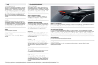 Lunas Otros equipamientos de exterior
* Si se utiliza el vehículo con dispositivo de remolque con finalidades comerciales, será necesario un aparato de control homologado por la UE.
Sistema limpiaparabrisas
Con circuito de dos niveles, conmutación de intervalos
ajustable en cuatro etapas, botón de activación, barri-
do final automático, con dispositivo limpiador reversi-
ble y posición de reposo para alargar la vida útil de las
escobillas, en el Audi A3/Audi A3 Sportback y Audi S3/
Audi S3 Sportback, además con limpialuneta trasera
que se activa al accionar la marcha atrás y funciona
mientras dura la marcha atrás (con el limpiaparabrisas
activado).
Parasoles
Abatibles y orientables, en los lados de conductor y
acompañante, con espejo de cortesía con tapa (en el
Audi S3/Audi S3 Sportback, iluminado), en el Audi A3/
Audi A3 Sportback y Audi S3/Audi S3 Sportback, ade-
más tercer parasol encima del retrovisor interior.
Parasol
En el cubremaletero, extensible.
Cortinilla enrollable
En las lunetas de las puertas traseras, regulación
manual.
Enganche de remolque*
Desmontable y con cierre; barra y cabeza esférica de
acero forjado, la toma de corriente de 13 polos puede
girarse quedando escondida a la vista detrás del faldón
del parachoques; una vez retirado el enganche, puede
guardarse en el hueco de la rueda de repuesto.
Óptica de aluminio en el exterior
Consta de molduras de las ventanas y moldura de
cierre de la capota de aluminio, parte trasera de los
arcos de la capota en óptica de aluminio.
Paquete óptico Negro Audi exclusive
Marco de la parrilla del radiador en Negro ultrabrillan-
te; parrilla del radiador, portamatrícula, marcos de los
faros antiniebla y aplicación rejilla de los faros antinie-
bla en Negro mate, manecillas de las puertas en el
color de la carrocería. Oferta de quattro GmbH.
Parachoques
Recubierto de material plástico, pintado en el color de
la carrocería; en el Audi S3/Audi S3 Sportback, para-
choques en diseño deportivo y dinámico así como difu-
sor trasero específico S3.
Singleframe Audi
Marco embellecedor de una pieza alrededor de la
parrilla del radiador ultrabrillante (Audi S3/Audi S3
Sportback, en gris platino con tirante vertical doble en
óptica de aluminio), con aros Audi brillantes en el
centro.
Barras de techo
Para un transporte seguro, estables y aerodinámicas;
en acabado de aluminio anodizado o Negro.
Salidas de escape
Visibles, en el 1.6, 1.2 TFSI, 1.6 TDI y 2.0 TDI
(140 CV/103 kW, tracción delantera) simples, con otros
motores de gasolina y diesel, 2 salidas a la izquierda;
en el Audi S3/Audi S3 Sportback, 2 salidas ovales a la
izquierda.
Alerón en el canto del techo
Pintado en el color de la carrocería; en combinación con techo panorámico de cristal (Audi A3/Audi S3 Sportback)
en Negro. (En Audi A3, sólo puede pedirse en combinación con paquete exterior S line.)
Inscripción/nombre del modelo
En el Audi A3/Audi A3 Sportback/Audi A3 Cabrio: en la tapa del maletero, inscripción quattro (en los modelos
quattro®) en la parrilla del radiador y en la tapa del maletero, así como en el salpicadero lado acompañante; como
opción, también sin la inscripción del modelo en la zaga. En el Audi S3/Audi S3 Sportback: Inscripción S3 en la
tapa del maletero y en la parrilla del radiador, inscripción quattro en el salpicadero en el lado del acompañante.
Listones protectores
En el color de la carrocería, para las puertas y laterales.
Manecillas exteriores
Enrasadas en las puertas, en el color de la carrocería, en Audi A3/Audi S3 Sportback y Audi A3 Cabrio,
con aplicaciones cromadas.
 