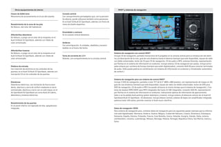 Otros equipamientos de interior
Claxon de doble tono
Mecanismo de accionamiento en el aro del volante.
Revestimiento de la zona de los pies
De Velours, del color del habitáculo.
Alfombrillas delanteras
De Velours, a juego con el color de la moqueta; en el
Audi S3/Audi S3 Sportback, además con ribete de
color armonizado.
Alfombrillas traseras
De Velours, a juego con el color de la moqueta en el
Audi S3/Audi S3 Sportback, además con ribete de
color armonizado.
Moldura de entrada
Con inserción de aluminio en los umbrales de las
puertas; en el Audi S3/Audi S3 Sportback, además con
inscripción S3 en los umbrales de las puertas.
Elevalunas
Delanteros eléctricos, con limitación de fuerza exce-
dente, abertura y cierre de confort mediante el cierre
centralizado, abertura y cierre con un solo toque; en el
A3 Sportback/S3 Sportback así como Audi A3 Cabrio,
delanteros y traseros eléctricos.
Revestimiento de las puertas
En el panel interior con tapizado de tela, apoyabrazos
integrado.
Consola central
Con compartimento portaobjetos que, con la persiani-
lla abierta, puede utilizarse también como posavasos.
En el Audi S3/Audi S3 Sportback, además con freno de
mano de diseño deportivo.
Encendedor y cenicero
En la consola central delantera.
Asideros
Con amortiguación, 4 unidades, abatibles y escamo-
teables en el hueco del techo.
Toma de corriente de 12 V
Delante, con compartimiento en la consola central.
MMI® y sistemas de navegación
Sistema de navegación con control MMI®
Incluye CD de navegación, pantalla monocroma de 6 pulgadas en la consola central para la introducción del desti-
no y la descripción de la ruta, guía de ruta dinámica hasta el destino (siempre que esté disponible), equipo de radio
con doble sintonizador, lector de CD para CD de navegación, CD de audio o MP3, antenas Diversity, representación
por flechas en el sistema de información al conductor, incluye antena; CD de navegación por países, incluye princi-
pales enlaces por carretera de Europa (siempre que estén digitalizados), conexión AUX-IN para conectar terminales
de audio. (Sólo puede pedirse en combinación con sistema de información al conductor y climatizador automático
de confort.)
Sistema de navegación plus con sistema de control MMI®
Incluye 2 DVD de navegación, pantalla a color TFT de 6,5” (800 x 480 píxeles), con representación de mapas en 3D,
guía de ruta dinámica (siempre que esté disponible), equipo de radio con doble sintonizador, lector de DVD para
DVD de navegación, CD de audio o MP3 (no puede utilizarse al mismo tiempo que el sistema de navegación), 2 lec-
tores de tarjetas MMC/SDHC para MP3 integrados (de hasta 32 GB) integrados, conexión AUX-IN, representación
por flechas en el sistema de información al conductor, indicaciones ópticas de información de aparcamiento
(sólo si se ha pedido Audi parking system delantero y trasero), incluye antena y 8 altavoces activos (en el Audi A3
Sportback/Audi S3 Sportback, 10 altavoces), incluye altavoz central y altavoz de bajos con amplificador integrado,
potencia total 140 vatios, permite conectar el Audi music interficie.
Datos de navegación (DVD)
Para sistema de navegación plus, contiene datos de navegación para los siguientes países (siempre que la informa-
ción esté digitalizada): Alemania, Andorra, Austria, Bélgica, Ciudad del Vaticano, Croacia, Dinamarca, Eslovaquia,
Eslovenia, España, Estonia, Finlandia, Francia, Gran Bretaña, Grecia, Holanda, Hungría, Irlanda, Italia, Letonia,
Liechtenstein, Lituania, Luxemburgo, Mónaco, Noruega, Polonia, Portugal, Republica Checa, San Marino, Suecia y
Suiza.
 