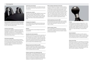 Arcos antivuelco recubiertos de cuero Audi exclusive
Tapizado de cuero igual al de los asientos, disponible
en todos los colores Audi exclusive y todos los colores
de serie. Oferta de quattro GmbH.
Cuadro de instrumentos
Con iluminación regulable; indicadores de líquido de
refrigeración y carburante, cuentarrevoluciones con
reloj digital, tacómetro con indicación resaltada de la
velocidad y cuentakilómetros y cuentakilómetros
diario electrónicos, luces de aviso y control, indicador
intervalo de mantenimiento.
Cinturones de seguridad
Cinturones automáticos de tres puntos de sujeción
para todos los asientos, pretensor pirotécnico; limita-
dor de tensión para todos los asientos exteriores;
en el Audi A3/Audi A3 Sportback y Audi S3/Audi S3
Sportback, además con ajuste de la altura de los
cinturones delanteros.
Control de uso de cinturón
Para el asiento del conductor; una señal de aviso acús-
tica y óptica recuerda que hay que ponerse el cinturón
de seguridad.
Luces de aviso y control
Entre otros, para airbag, ABS, ESP/ASR, freno de mano
accionado, electrónica EDS, alternador, luz, luces
largas, intermitentes, sistema de frenos, presión del
aceite del motor, tapa del maletero cerrada, sistema
eléctrico del motor, sistema de precalentamiento
(TDI).
Triángulos de emergencia
En el maletero bajo el recubrimiento del borde carga
(en los modelos quattro®: bajo el recubrimiento del
suelo de carga).
Botiquín
En el compartimiento situado debajo del asiento del
acompañante.
Servodirección electromecánica
Asistencia a la dirección en función de la velocidad, con
asistencia activa a la recuperación del volante, correc-
ción automática de la marcha en línea recta, por ejem-
plo, en caso de viento lateral o calzada inclinada trans-
versalmente; modo de funcionamiento con ahorro de
energía, amortiguación de fuerzas perturbadoras debi-
das a la calzada, radio estabilizador de giro.
Bloqueo electrónico del diferencial EDS
El sistema de ayuda de arranque frena automática-
mente las ruedas motrices sobre calzadas de diferente
grado de agarre y superficies resbaladizas, proporcio-
nando una potente fuerza de avance.
Programa electrónico de estabilización ESP
Desconectable, con asistente de frenado hidráulico: el
ESP proporciona mayor estabilidad en situaciones de
marcha críticas mediante el frenado selectivo e indivi-
dual de las ruedas y la intervención en la gestión del
motor y a la vez facilita la estabilización del automóvil
mediante un cambio del momento de dirección.
ESP con bloqueo electrónico transversal
La función electrónica de bloqueo transversal está in-
tegrada en el ESP en los modelos con tracción delante-
ra. Distribuye el momento de tracción según la situa-
ción de marcha frenando selectivamente las ruedas.
En recorridos sinuosos, el bloqueo transversal actúa de
modo activo antes incluso de que se perciba un subvi-
raje. Lo que significa mejor tracción y dinámica en las
curvas y un comportamiento de marcha preciso. Ade-
más, se mejora la agilidad durante la conducción y, al
mismo tiempo, aumenta la seguridad de marcha.
Control electrónico de tracción ASR
Evita el deslizamiento de las ruedas motrices median-
te la disminución de la potencia del motor, permitien-
do una mayor estabilidad y mejorando la tracción
sobre la calzada.
Caja de cambios manual
De 5 o 6 velocidades, completamente sincronizada,
con embrague monodisco en seco de accionamiento
hidráulico con pastillas de freno sin amianto, volante
de inercia de dos masas.
Técnica/seguridad
S tronic
La caja de cambios de doble embrague de 6 o 7 mar-
chas posibilita unos tiempos de cambio más cortos y
un cambio sin interrupción perceptible de la tracción;
se puede manejar mediante las levas de cambio situa-
das detrás del aro volante, el pomo de la palanca de
cambio o en modo automático, incluye Audi hold
assist.
Tracción delantera
Bloqueo electrónico del diferencial EDS mediante
accionamiento de frenado en todas las ruedas motrices,
control electrónico de tracción ASR, programa electró-
nico de estabilización ESP con asistente de frenado.
Sistema Start-Stop
Disminuye el consumo de combustible y las emisiones
de CO2 desconectando el motor en periodos de parada,
por ejemplo, en los semáforos. Para un reencendido
óptimo, el proceso de encendido empieza ya al pisar el
embrague (cambio de marchas manual) o al soltar el
pedal del freno (S tronic). Puede desactivarse en cual-
quier momento mediante un interruptor.
 