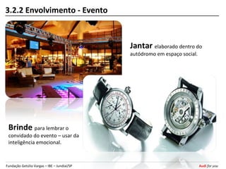 3.2.2 Envolvimento - Evento



                                             Jantar elaborado dentro do
                                             autódromo em espaço social.




 Brinde para lembrar o
 convidado do evento – usar da
 inteligência emocional.



Fundação Getúlio Vargas – IBE – Jundiaí/SP                                 Audi for you
 