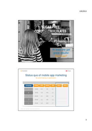 2/8/2013




                                                                                         At least we get
                                                                                          great results!
                                                                                           Don‘t we?




                 Status quo of mobile app marketing
                                                       No useful tracking, no optimization




                  Campaign                        Clicks                CPC   Installs   CPI   CPX 1   CPX 2




Trademob ▪ Berlin ▪ San Francisco ▪ London ▪ Paris ▪ www.trademob.com




                                                                                                                     4
 