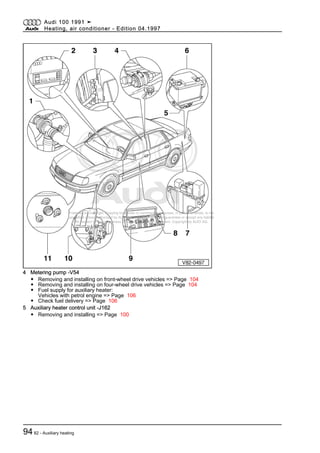 Protected by copyright. Copying for private or commercial purposes, in part or in whole, is not
permitted unless authorised by AUDI AG. AUDI AG does not guarantee or accept any liability
with respect to the correctness of information in this document. Copyright by AUDI AG.
4 Metering pump -V54
◆ Removing and installing on front-wheel drive vehicles => Page 104
◆ Removing and installing on four-wheel drive vehicles => Page 104
◆ Fuel supply for auxiliary heater:
Vehicles with petrol engine => Page 106
◆ Check fuel delivery => Page 106
5 Auxiliary heater control unit -J162
◆ Removing and installing => Page 100
Audi 100 1991 ➤
Heating, air conditioner - Edition 04.1997
9482 - Auxiliary heating
 