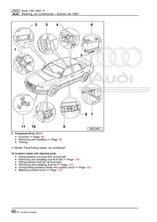 Protected by copyright. Copying for private or commercial purposes, in part or in whole, is not
permitted unless authorised by AUDI AG. AUDI AG does not guarantee or accept any liability
with respect to the correctness of information in this document. Copyright by AUDI AG.
9 Preselector/timer -E111
◆ Function => Page 98
◆ Removing and installing => Page 98
◆ Testing:
=> Binder "Fault finding heater, air conditioner"
10 Auxiliary heater with attached parts
◆ Fitting location (not Audi S4): at front left
◆ Removing and installing (not Audi S4) => Page 100
◆ Fitting location Audi S4: at front right
◆ Removing and installing Audi S4 => Page 102
◆ Incorporating auxiliary heater into coolant circuit => Page 103
◆ Bleeding coolant circuit => Page 103
Audi 100 1991 ➤
Heating, air conditioner - Edition 04.1997
9682 - Auxiliary heating
 