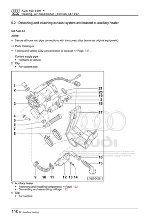 Protected by copyright. Copying for private or commercial purposes, in part or in whole, is not
permitted unless authorised by AUDI AG. AUDI AG does not guarantee or accept any liability
with respect to the correctness of information in this document. Copyright by AUDI AG.
5.2 - Detaching and attaching exhaust system and bracket at auxiliary heater
not Audi S4
Notes:
◆ Secure all hose and pipe connections with the correct clips (same as original equipment):
=> Parts Catalogue
◆ Testing and setting CO2-concentration in exhaust => Page 121 .
1 Coolant supply pipe
◆ Remains in vehicle
2 Clip
◆ For coolant pipe
3 Auxiliary heater
◆ Removing and installing components =>Page 122
◆ Dismantling and assembling =>Page 133
4 Clip
◆ For fuel line
Audi 100 1991 ➤
Heating, air conditioner - Edition 04.1997
11082 - Auxiliary heating
 