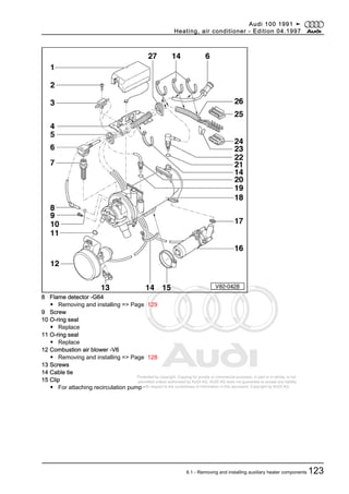 Protected by copyright. Copying for private or commercial purposes, in part or in whole, is not
permitted unless authorised by AUDI AG. AUDI AG does not guarantee or accept any liability
with respect to the correctness of information in this document. Copyright by AUDI AG.
8 Flame detector -G64
◆ Removing and installing => Page 129
9 Screw
10 O-ring seal
◆ Replace
11 O-ring seal
◆ Replace
12 Combustion air blower -V6
◆ Removing and installing => Page 128
13 Screws
14 Cable tie
15 Clip
◆ For attaching recirculation pump
Audi 100 1991 ➤
Heating, air conditioner - Edition 04.1997
6.1 - Removing and installing auxiliary heater components 123
 