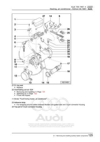 Protected by copyright. Copying for private or commercial purposes, in part or in whole, is not
permitted unless authorised by AUDI AG. AUDI AG does not guarantee or accept any liability
with respect to the correctness of information in this document. Copyright by AUDI AG.
21 O- ring seal
◆ Replace
22 Overheating cut-out -S24
◆ Removing and installing => Page 131
◆ Switching on => Page 132
◆ If fuse has tripped:
=> Binder "Fault finding heater, air conditioner"
23 Adhesive strap
◆ For wrapping around cables between flexible corrugated tube and 12-pin connector housing
24 Top part of 12-pin connector housing
Audi 100 1991 ➤
Heating, air conditioner - Edition 04.1997
6.1 - Removing and installing auxiliary heater components 125
 