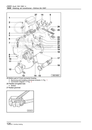 Protected by copyright. Copying for private or commercial purposes, in part or in whole, is not
permitted unless authorised by AUDI AG. AUDI AG does not guarantee or accept any liability
with respect to the correctness of information in this document. Copyright by AUDI AG.
25 Bottom part of 12-pin connector housing
◆ Removing and installing individual contacts => Fig. 1
◆ Connection diagram => Fig. 2
26 Flexible corrugated tube
◆ Slotted
27 Rubber grommet
Audi 100 1991 ➤
Heating, air conditioner - Edition 04.1997
12682 - Auxiliary heating
 