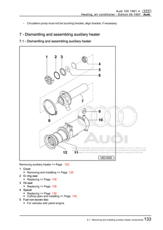 Protected by copyright. Copying for private or commercial purposes, in part or in whole, is not
permitted unless authorised by AUDI AG. AUDI AG does not guarantee or accept any liability
with respect to the correctness of information in this document. Copyright by AUDI AG.
- Circulation pump must not be touching bracket, align bracket, if necessary
7 - Dismantling and assembling auxiliary heater
7.1 - Dismantling and assembling auxiliary heater
Removing auxiliary heater => Page 102 .
1 Cover
◆ Removing and installing => Page 135
2 O- ring seal
◆ Replacing => Page 136
3 Oil seal
◆ Replacing => Page 136
4 Spacer
◆ Replacing => Page 136
◆ Cutting open and installing => Page 136 .
5 Fuel non-woven disc
◆ For vehicles with petrol engine
Audi 100 1991 ➤
Heating, air conditioner - Edition 04.1997
6.1 - Removing and installing auxiliary heater components 133
 