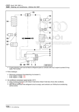 Protected by copyright. Copying for private or commercial purposes, in part or in whole, is not
permitted unless authorised by AUDI AG. AUDI AG does not guarantee or accept any liability
with respect to the correctness of information in this document. Copyright by AUDI AG.
◆ A heat protection mat must be fitted to refrigerant pipes on vehicles with 6-cyl. engine to protect O-ring-
seals. Part number:
=> Parts Catalogue
◆ Removing compressor from/attaching it to bracket 1):
- 5-cyl. engine => Page 173
- 8-cyl. engine => Page 179
2 Air conditioner compressor speed sender -G111.
◆ Only on Zexel compressor with ribbed V-belt where ribbed V-belt also drives other ancillaries.
◆ Testing 1) => Page 53
◆ May only be removed if the refrigerant circuit is empty; send vehicle to an VW/Audi air-conditioning
service centre
Audi 100 1991 ➤
Heating, air conditioner - Edition 04.1997
15887 - Air conditioning
 