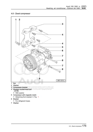 Protected by copyright. Copying for private or commercial purposes, in part or in whole, is not
permitted unless authorised by AUDI AG. AUDI AG does not guarantee or accept any liability
with respect to the correctness of information in this document. Copyright by AUDI AG.
4.6 - Zexel compressor
1 Nut
2 Washer
3 Compressor bracket
4 Hexagon socket-head bolt
- 25 Nm
◆ With washer
5 Compressor with magnetic clutch
◆ Detaching from bracket => Fig. 1
6 Bracket
◆ For refrigerant hoses
7 Washer
Audi 100 1991 ➤
Heating, air conditioner - Edition 04.1997
4.6 - Zexel compressor 175
 