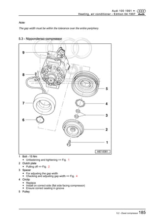 Protected by copyright. Copying for private or commercial purposes, in part or in whole, is not
permitted unless authorised by AUDI AG. AUDI AG does not guarantee or accept any liability
with respect to the correctness of information in this document. Copyright by AUDI AG.
Note:
The gap width must be within the tolerance over the entire periphery.
5.3 - Nippondenso compressor
1 Bolt - 15 Nm
◆ Unfastening and tightening => Fig. 1
2 Clutch plate
◆ Pulling off => Fig. 2
3 Spacer
◆ For adjusting the gap width
◆ Checking and adjusting gap width => Fig. 4
4 Circlip
◆ Replace
◆ Install on correct side (flat side facing compressor)
◆ Ensure correct seating in groove
5 Pulley
Audi 100 1991 ➤
Heating, air conditioner - Edition 04.1997
5.2 - Zexel compressor 185
 