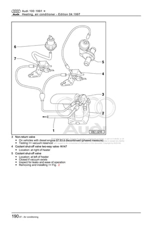 Protected by copyright. Copying for private or commercial purposes, in part or in whole, is not
permitted unless authorised by AUDI AG. AUDI AG does not guarantee or accept any liability
with respect to the correctness of information in this document. Copyright by AUDI AG.
3 Non-return valve
◆ On vehicles with diesel engine 07.93 ä discontinued (phased measure)
◆ Testing => vacuum reservoir
4 Coolant shut-off valve two-way valve -N147
◆ Location: at right of heater
5 Coolant shut-off valve
◆ Location: at left of heater
◆ Closed if vacuum exists
◆ Inspect for leaks and ease of operation
◆ Removing and installing => Fig. 2
Audi 100 1991 ➤
Heating, air conditioner - Edition 04.1997
19087 - Air conditioning
 