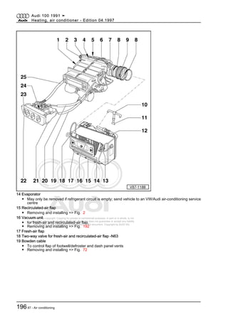 Protected by copyright. Copying for private or commercial purposes, in part or in whole, is not
permitted unless authorised by AUDI AG. AUDI AG does not guarantee or accept any liability
with respect to the correctness of information in this document. Copyright by AUDI AG.
14 Evaporator
◆ May only be removed if refrigerant circuit is empty; send vehicle to an VW/Audi air-conditioning service
centre
15 Recirculated-air flap
◆ Removing and installing => Fig. 2
16 Vacuum unit
◆ for fresh-air and recirculated-air flap.
◆ Removing and installing => Fig. 192
17 Fresh-air flap
18 Two-way valve for fresh-air and recirculated-air flap -N63
19 Bowden cable
◆ To control flap of footwell/defroster and dash panel vents
◆ Removing and installing => Fig. 72
Audi 100 1991 ➤
Heating, air conditioner - Edition 04.1997
19687 - Air conditioning
 