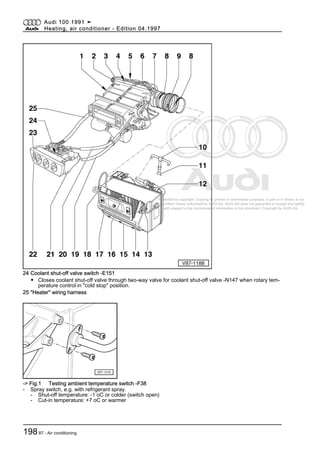 Protected by copyright. Copying for private or commercial purposes, in part or in whole, is not
permitted unless authorised by AUDI AG. AUDI AG does not guarantee or accept any liability
with respect to the correctness of information in this document. Copyright by AUDI AG.
24 Coolant shut-off valve switch -E151
◆ Closes coolant shut-off valve through two-way valve for coolant shut-off valve -N147 when rotary tem‐
perature control in "cold stop" position.
25 "Heater" wiring harness
-> Fig.1 Testing ambient temperature switch -F38
- Spray switch, e.g. with refrigerant spray.
- Shut-off temperature: -1 oC or colder (switch open)
- Cut-in temperature: +7 oC or warmer
Audi 100 1991 ➤
Heating, air conditioner - Edition 04.1997
19887 - Air conditioning
 