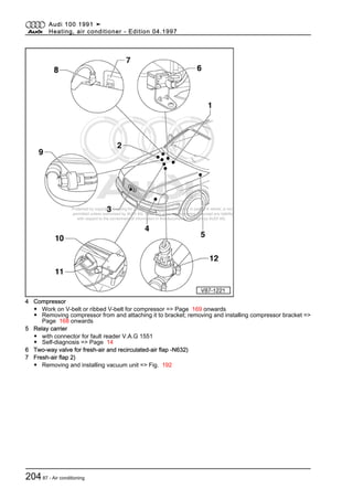 Protected by copyright. Copying for private or commercial purposes, in part or in whole, is not
permitted unless authorised by AUDI AG. AUDI AG does not guarantee or accept any liability
with respect to the correctness of information in this document. Copyright by AUDI AG.
4 Compressor
◆ Work on V-belt or ribbed V-belt for compressor => Page 169 onwards
◆ Removing compressor from and attaching it to bracket; removing and installing compressor bracket =>
Page 168 onwards
5 Relay carrier
◆ with connector for fault reader V.A.G 1551
◆ Self-diagnosis => Page 14
6 Two-way valve for fresh-air and recirculated-air flap -N632)
7 Fresh-air flap 2)
◆ Removing and installing vacuum unit => Fig. 192
Audi 100 1991 ➤
Heating, air conditioner - Edition 04.1997
20487 - Air conditioning
 