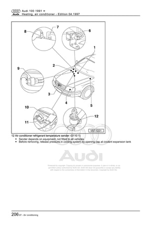Protected by copyright. Copying for private or commercial purposes, in part or in whole, is not
permitted unless authorised by AUDI AG. AUDI AG does not guarantee or accept any liability
with respect to the correctness of information in this document. Copyright by AUDI AG.
12 Air conditioner refrigerant temperature sender -G110 1)
◆ Sender depends on equipment; not fitted to all vehicles
◆ Before removing, release pressure in cooling system by opening cap at coolant expansion tank
Audi 100 1991 ➤
Heating, air conditioner - Edition 04.1997
20687 - Air conditioning
 