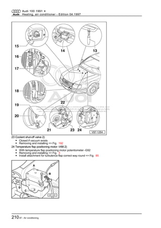 Protected by copyright. Copying for private or commercial purposes, in part or in whole, is not
permitted unless authorised by AUDI AG. AUDI AG does not guarantee or accept any liability
with respect to the correctness of information in this document. Copyright by AUDI AG.
23 Coolant shut-off valve 2)
◆ Closed if vacuum exists
◆ Removing and installing => Fig. 192
24 Temperature flap positioning motor -V68 2)
◆ With temperature flap positioning motor potentiometer -G92
◆ Removing and installing => Fig. 3
◆ Install attachment for turbulence flap correct way round => Fig. 85
Audi 100 1991 ➤
Heating, air conditioner - Edition 04.1997
21087 - Air conditioning
 