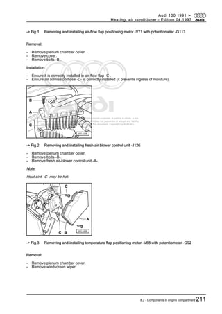Protected by copyright. Copying for private or commercial purposes, in part or in whole, is not
permitted unless authorised by AUDI AG. AUDI AG does not guarantee or accept any liability
with respect to the correctness of information in this document. Copyright by AUDI AG.
-> Fig.1 Removing and installing air-flow flap positioning motor -V71 with potentiometer -G113
Removal:
- Remove plenum chamber cover.
- Remove cover.
- Remove bolts -B-.
Installation:
- Ensure it is correctly installed in air-flow flap -C-.
- Ensure air admission hose -D- is correctly installed (it prevents ingress of moisture).
-> Fig.2 Removing and installing fresh-air blower control unit -J126
- Remove plenum chamber cover.
- Remove bolts -B-.
- Remove fresh air-blower control unit -A-.
Note:
Heat sink -C- may be hot.
-> Fig.3 Removing and installing temperature flap positioning motor -V68 with potentiometer -G92
Removal:
- Remove plenum chamber cover.
- Remove windscreen wiper:
Audi 100 1991 ➤
Heating, air conditioner - Edition 04.1997
8.2 - Components in engine compartment 211
 