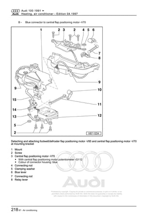 Protected by copyright. Copying for private or commercial purposes, in part or in whole, is not
permitted unless authorised by AUDI AG. AUDI AG does not guarantee or accept any liability
with respect to the correctness of information in this document. Copyright by AUDI AG.
B - Blue connector to central flap positioning motor -V70
Detaching and attaching footwell/defroster flap positioning motor -V85 and central flap positioning motor -V70
at mounting bracket
1 Mount
2 Screw
3 Central flap positioning motor -V70
◆ With central flap positioning motor potentiometer -G112
◆ Colour of connector housing: blue
4 Connecting rod
5 Clamping washer
6 Blue lever
7 Connecting rod
8 Relay lever
Audi 100 1991 ➤
Heating, air conditioner - Edition 04.1997
21887 - Air conditioning
 