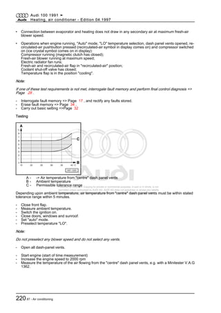 Protected by copyright. Copying for private or commercial purposes, in part or in whole, is not
permitted unless authorised by AUDI AG. AUDI AG does not guarantee or accept any liability
with respect to the correctness of information in this document. Copyright by AUDI AG.
• Connection between evaporator and heating does not draw in any secondary air at maximum fresh-air
blower speed.
• Operations when engine running, "Auto" mode, "LO" temperature selection, dash panel vents opened, re‐
circulated-air pushbutton pressed (recirculated-air symbol in display comes on) and compressor switched
on (ice crystal symbol comes on in display):
Compressor running (magnetic clutch has closed);
Fresh-air blower running at maximum speed;
Electric radiator fan runs;
Fresh-air and recirculated-air flap in "recirculated-air" position;
Coolant shut-off valve has closed;
Temperature flap is in the position "cooling".
Note:
If one of these test requirements is not met, interrogate fault memory and perform final control diagnosis =>
Page 28 .
- Interrogate fault memory => Page 17 , and rectify any faults stored.
- Erase fault memory => Page 34 .
- Carry out basic setting =>Page 32
Testing
A - -> Air temperature from "centre" dash panel vents
B - Ambient temperature
C - Permissible tolerance range
Depending upon ambient temperature, air temperature from "centre" dash panel vents must be within stated
tolerance range within 5 minutes.
- Close front flap.
- Measure ambient temperature.
- Switch the ignition on.
- Close doors, windows and sunroof.
- Set "auto" mode.
- Preselect temperature "LO".
Note:
Do not preselect any blower speed and do not select any vents.
- Open all dash-panel vents.
- Start engine (start of time measurement)
- Increase the engine speed to 2000 rpm
- Measure the temperature of the air flowing from the "centre" dash panel vents, e.g. with a Minitester V.A.G
1362.
Audi 100 1991 ➤
Heating, air conditioner - Edition 04.1997
22087 - Air conditioning
 