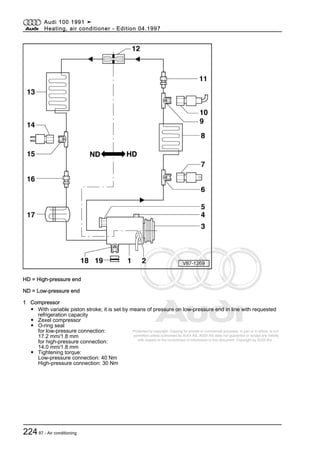 Protected by copyright. Copying for private or commercial purposes, in part or in whole, is not
permitted unless authorised by AUDI AG. AUDI AG does not guarantee or accept any liability
with respect to the correctness of information in this document. Copyright by AUDI AG.
HD = High-pressure end
ND = Low-pressure end
1 Compressor
◆ With variable piston stroke; it is set by means of pressure on low-pressure end in line with requested
refrigeration capacity
◆ Zexel compressor
◆ O-ring seal
for low-pressure connection:
17.2 mm/1.8 mm
for high-pressure connection:
14.0 mm/1.8 mm
◆ Tightening torque:
Low-pressure connection: 40 Nm
High-pressure connection: 30 Nm
Audi 100 1991 ➤
Heating, air conditioner - Edition 04.1997
22487 - Air conditioning
 