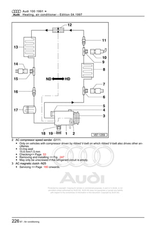 Protected by copyright. Copying for private or commercial purposes, in part or in whole, is not
permitted unless authorised by AUDI AG. AUDI AG does not guarantee or accept any liability
with respect to the correctness of information in this document. Copyright by AUDI AG.
2 AC compressor speed sender -G111.
◆ Only on vehicles with compressor driven by ribbed V-belt on which ribbed V-belt also drives other an‐
cillaries.
◆ O-ring seal
15.6 mm/1.5 mm
◆ Checking=> Page 53
◆ Removing and installing => Fig. 247
◆ May only be unscrewed if the refrigerant circuit is empty.
3 AC magnetic clutch -N25
◆ Servicing => Page 180 onwards.
Audi 100 1991 ➤
Heating, air conditioner - Edition 04.1997
22687 - Air conditioning
 