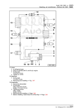 Protected by copyright. Copying for private or commercial purposes, in part or in whole, is not
permitted unless authorised by AUDI AG. AUDI AG does not guarantee or accept any liability
with respect to the correctness of information in this document. Copyright by AUDI AG.
11 Union
◆ In refrigerant pipe
◆ Only on vehicles with 5- and 6-cyl. engine
◆ O-ring seal
10.8 mm/1.8 mm
◆ Tighten to 15 Nm
12 Restrictor
◆ O-ring seal
7.5 mm/1.5 mm
◆ Removing and installing => Fig. 247
13 Evaporator
◆ Cannot be dismantled
◆ O-ring seal
Inlet: 10.8 mm/1.8 mm
Outlet: 17.2 mm/1.8 mm
◆ Tightening torque:
Inlet: 15 Nm
Outlet: 40 Nm
◆ Removing and installing => Page 248
◆ Before installing, make holes for air-flow flap => Page 250
Audi 100 1991 ➤
Heating, air conditioner - Edition 04.1997
9.2 - Refrigerant R12 > 09.92 231
 