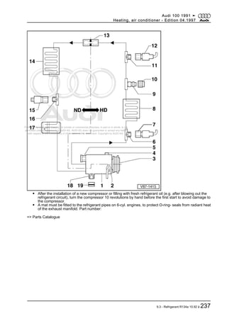 Protected by copyright. Copying for private or commercial purposes, in part or in whole, is not
permitted unless authorised by AUDI AG. AUDI AG does not guarantee or accept any liability
with respect to the correctness of information in this document. Copyright by AUDI AG.
◆ After the installation of a new compressor or filling with fresh refrigerant oil (e.g. after blowing out the
refrigerant circuit), turn the compressor 10 revolutions by hand before the first start to avoid damage to
the compressor.
◆ A mat must be fitted to the refrigerant pipes on 6-cyl. engines, to protect O-ring- seals from radiant heat
of the exhaust manifold. Part number:
=> Parts Catalogue
Audi 100 1991 ➤
Heating, air conditioner - Edition 04.1997
9.3 - Refrigerant R134a 10.92 ä 237
 