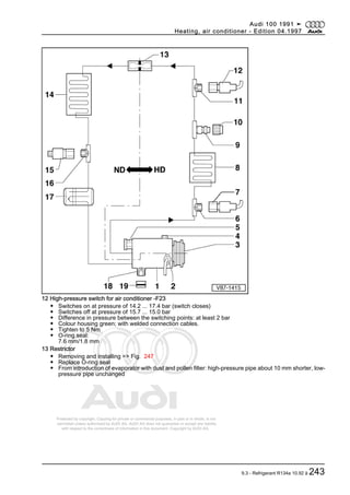 Protected by copyright. Copying for private or commercial purposes, in part or in whole, is not
permitted unless authorised by AUDI AG. AUDI AG does not guarantee or accept any liability
with respect to the correctness of information in this document. Copyright by AUDI AG.
12 High-pressure switch for air conditioner -F23
◆ Switches on at pressure of 14.2 ... 17.4 bar (switch closes)
◆ Switches off at pressure of 15.7 ... 15.0 bar
◆ Difference in pressure between the switching points: at least 2 bar
◆ Colour housing green; with welded connection cables.
◆ Tighten to 5 Nm
◆ O-ring seal:
7.6 mm/1.8 mm
13 Restrictor
◆ Removing and installing => Fig. 247
◆ Replace O-ring seal
◆ From introduction of evaporator with dust and pollen filter: high-pressure pipe about 10 mm shorter, low-
pressure pipe unchanged
Audi 100 1991 ➤
Heating, air conditioner - Edition 04.1997
9.3 - Refrigerant R134a 10.92 ä 243
 