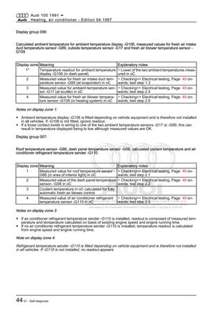 Protected by copyright. Copying for private or commercial purposes, in part or in whole, is not
permitted unless authorised by AUDI AG. AUDI AG does not guarantee or accept any liability
with respect to the correctness of information in this document. Copyright by AUDI AG.
Display group 006:
Calculated ambient temperature for ambient temperature display -G106, measured values for fresh air intake
duct temperature sensor -G89, outside temperature sensor -G17 and fresh air blower temperature sensor -
G109
Display zone Meaning Explanatory notes
1* Temperature readout for ambient temperature
display -G106 (in dash panel)
▪ Lower of the two ambient temperatures meas‐
ured in oC
2 Measured value for fresh air intake duct tem‐
perature sensor -G89 (at evaporator) in oC
▪ Checking=> Electrical testing, Page 49 on‐
wards; test step 1.3
3 Measured value for ambient temperature sen‐
sor -G17 (at scuttle) in oC
▪ Checking=> Electrical testing, Page 49 on‐
wards; test step 2.4
4 Measured value for fresh air blower tempera‐
ture sensor -G109 (in heating system) in oC
▪ Checking=> Electrical testing, Page 49 on‐
wards; test step 2.6
Notes on display zone 1:
◆ Ambient temperature display -G106 is fitted depending on vehicle equipment and is therefore not installed
in all vehicles. If -G106 is not fitted, ignore readout.
◆ If a loose contact exists in wiring to one of the two ambient temperature sensors -G17 or -G89, this can
result in temperature displayed being to low although measured values are OK.
Display group 007:
Roof temperature sensor -G86, dash panel temperature sensor -G56, calculated coolant temperature and air
conditioner refrigerant temperature sender -G110
Display zone Meaning Explanatory notes
1 Measured value for roof temperature sensor -
G86 (in area of interior light) in oC
▪ Checking=> Electrical testing, Page 49 on‐
wards; test step 2.1
2 Measured value of the dash panel temperature
sensor- -G56 in oC
▪ Checking=> Electrical testing, Page 49 on‐
wards; test step 2.2
3 Coolant temperature in oC calculated for fully
automatic fresh air blower control
4 Measured value of air conditioner refrigerant
temperature sensor -G110 in oC
▪ Checking=> Electrical testing, Page 49 on‐
wards; test step 2.5
Notes on display zone 3:
◆ If air conditioner refrigerant temperature sender -G110 is installed, readout is composed of measured tem‐
perature and temperature calculated on basis of existing engine speed and engine running time.
◆ If no air conditioner refrigerant temperature sender -G110 is installed, temperature readout is calculated
from engine speed and engine running time.
Note on display zone 4:
Refrigerant temperature sender -G110 is fitted depending on vehicle equipment and is therefore not installed
in all vehicles. If -G110 is not installed, no readout appears.
Audi 100 1991 ➤
Heating, air conditioner - Edition 04.1997
4401 - Self-diagnosis
 