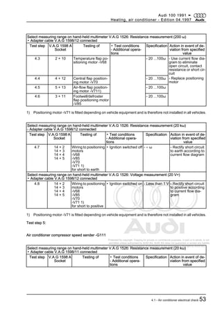 Protected by copyright. Copying for private or commercial purposes, in part or in whole, is not
permitted unless authorised by AUDI AG. AUDI AG does not guarantee or accept any liability
with respect to the correctness of information in this document. Copyright by AUDI AG.
Select measuring range on hand-held multimeter V.A.G 1526: Resistance measurement (200 ω)
▪ Adapter cable V.A.G 1598/12 connected
Test step V.A.G 1598 A
Socket
Testing of ▪ Test conditions
- Additional opera‐
tions
Specification Action in event of de‐
viation from specified
value
4.3 2 + 10 Temperature flap po‐
sitioning motor -V68
- 20 ...100ω - Use current flow dia‐
gram to eliminate
open circuit, contact
resistance or short cir‐
cuit
4.4 4 + 12 Central flap position‐
ing motor -V70
- 20 ...100ω - Replace positioning
motor
4.5 5 + 13 Air-flow flap position‐
ing motor -V711)
- 20 ...100ω
4.6 3 + 11 Footwell/defroster
flap positioning motor
-V85
- 20 ...100ω
1) Positioning motor -V71 is fitted depending on vehicle equipment and is therefore not installed in all vehicles.
Select measuring range on hand-held multimeter V.A.G 1526: Resistance measurement (20 kω)
- Adapter cable V.A.G 1598/12 connected
Test step V.A.G 1598 A
Socket
Testing of ▪ Test conditions
- Additional opera‐
tions
Specification Action in event of de‐
viation from specified
value
4.7 14 + 2
14 + 3
14 + 4
14 + 5
Wiring to positioning
motors
-V68
-V85
-V70
-V71 1)
for short to earth
▪ Ignition switched off - ∞ ω - Rectify short circuit
to earth according to
current flow diagram
Select measuring range on hand-held multimeter V.A.G 1526: Voltage measurement (20 V=)
▪ Adapter cable V.A.G 1598/12 connected
4.8 14 + 2
14 + 3
14 + 4
14 + 5
Wiring to positioning
motors
-V68
-V85
-V70
-V71 1)
for short to positive
▪ Ignition switched on - Less than 1 V - Rectify short circuit
to positive according
to current flow dia‐
gram
1) Positioning motor -V71 is fitted depending on vehicle equipment and is therefore not installed in all vehicles.
Test step 5:
Air conditioner compressor speed sender -G111
Select measuring range on hand-held multimeter V.A.G 1526: Resistance measurement (20 kω)
▪ Adapter cable V.A.G 1598/11 connected
Test step V.A.G 1598 A
Socket
Testing of ▪ Test conditions
- Additional opera‐
tions
Specification Action in event of de‐
viation from specified
value
Audi 100 1991 ➤
Heating, air conditioner - Edition 04.1997
4.1 - Air conditioner electrical check 53
 